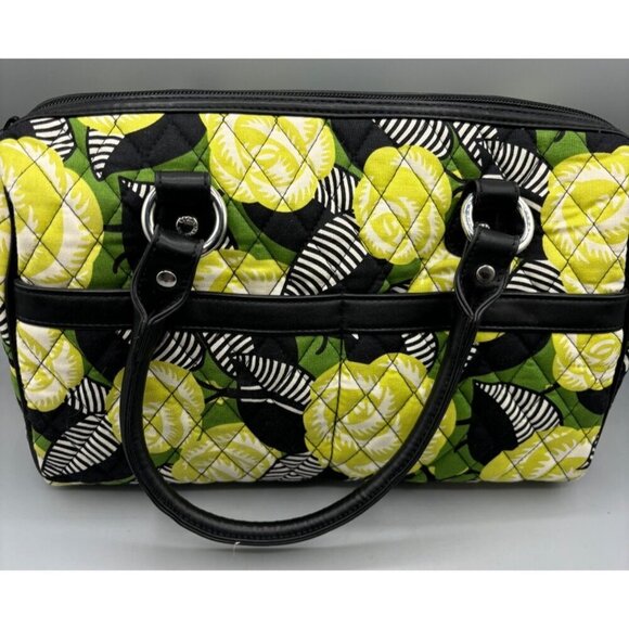 Vera Bradley La Neon Rose Quilted Floral Handbag Satchel Green Yellow Black - Picture 2 of 7